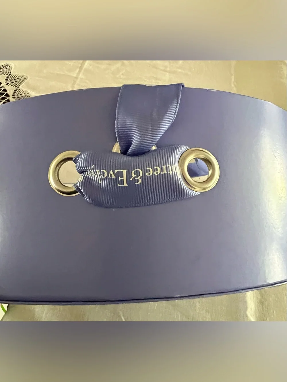 Crabtree & Evelyn Periwinkle Grosgrain Bow, Decorative Hat Box, Hair Accessory.
